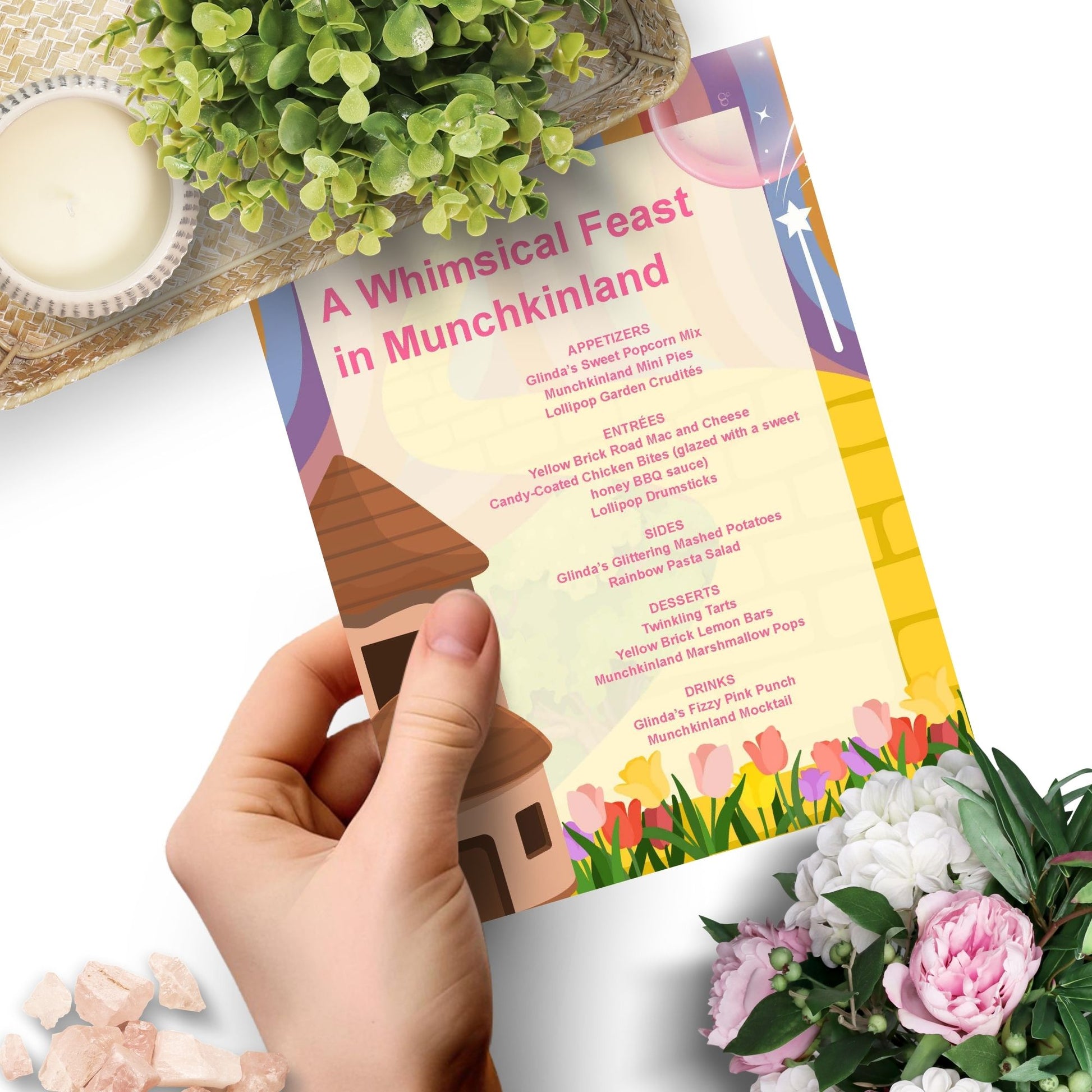 Editable Munchkinland-inspired menu template featuring playful dishes like Glinda's Fizzy Pink Punch and Yellow Brick Road Mac and Cheese, perfect for kid-friendly parties and Wizard of Oz-themed events.