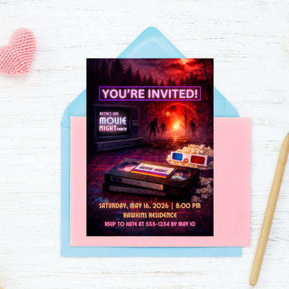 Editable retro sci-fi movie night invitation featuring neon glow, VHS-style elements, and cinematic 1980s nostalgia, designed as a 5x7 Canva-editable digital party invite for birthdays and movie nights.