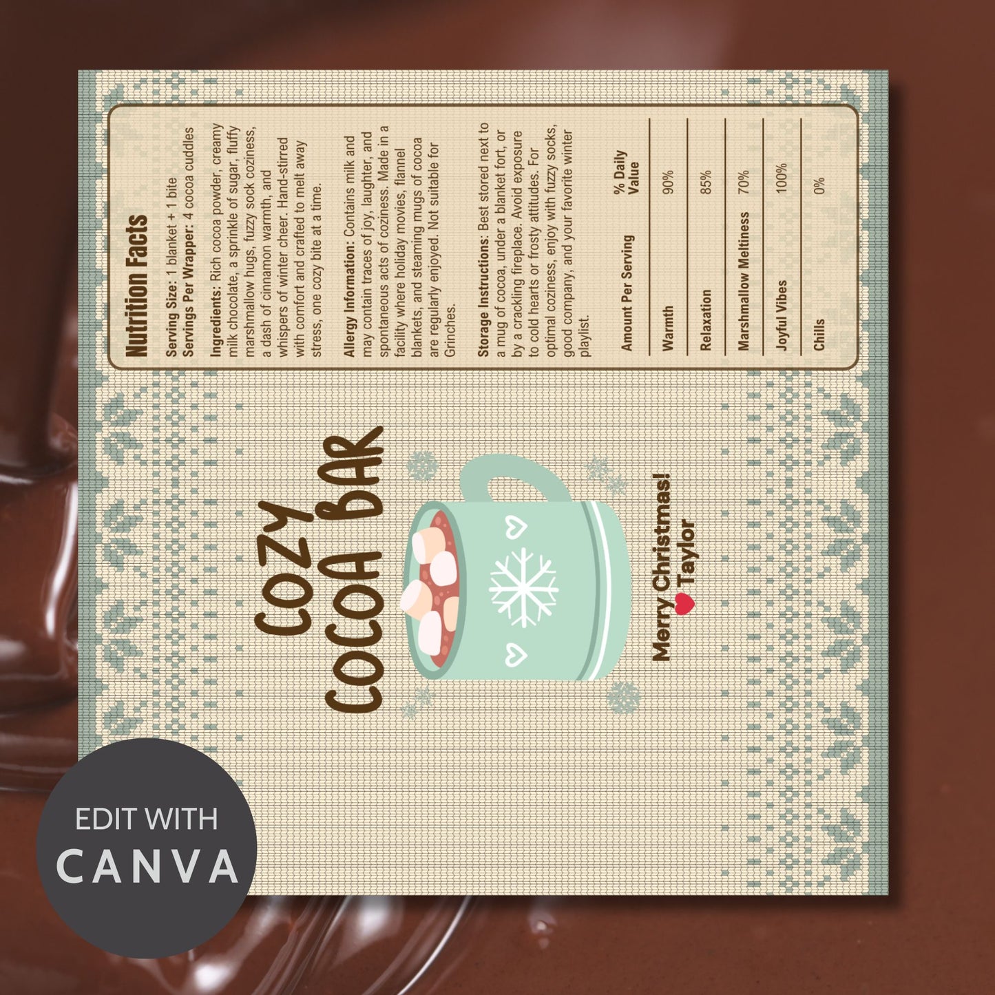 Cozy Cocoa Bar label with a mug illustration on a textured background
