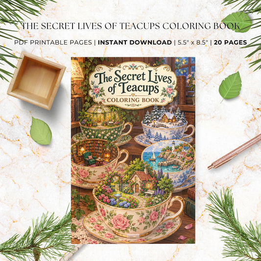 The Secret Lives of Teacups Coloring Book printable coloring pages set, featuring a central cover illustration of teacups with miniature houses and landscapes, surrounded by decorative leaves, pine branches, a wooden tray, and a pencil on a marble background. Text at the top advertises PDF printable pages, instant download, 5.