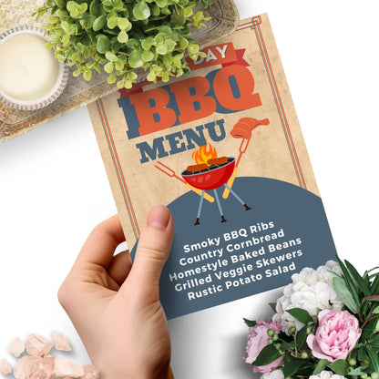 Rustic Labor Day BBQ menu with a vintage design, featuring editable food items like Smoky BBQ Ribs and Country Cornbread