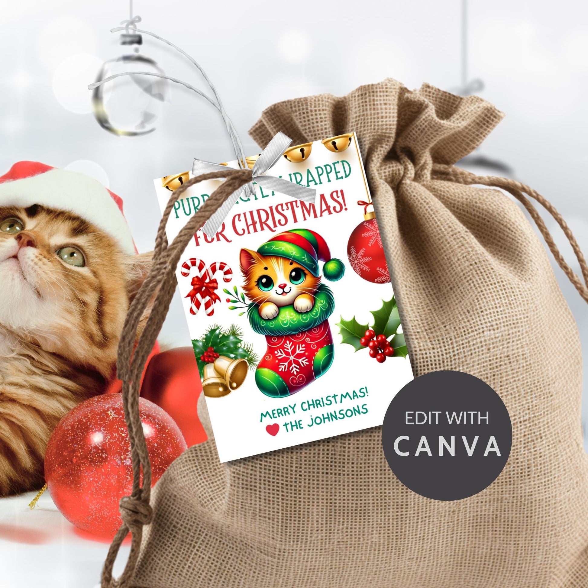 Christmas gift tags featuring a cute kitten snuggled in a festive stocking with holiday decorations like bells, candy canes, and holly, paired with the message "Purr-fectly Wrapped for Christmas!" These printable and editable tags add a cozy, festive touch to holiday gifts.