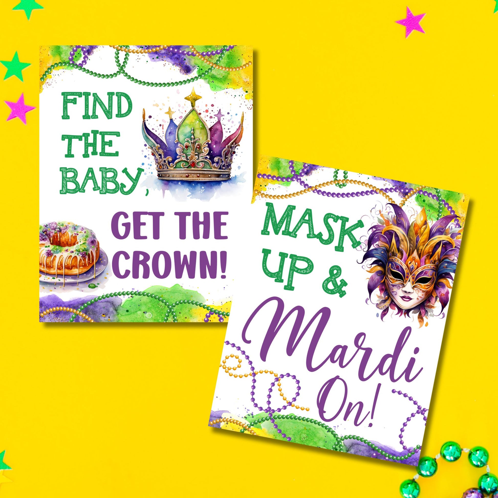 Printable Mardi Gras table signs featuring vibrant purple, gold, and green designs, perfect for themed party decor, drink stations, and festive event displays.