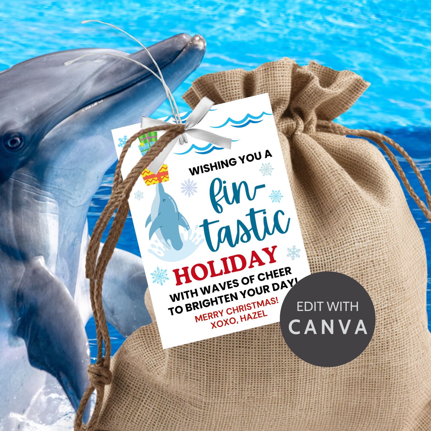 Dolphin-themed holiday gift tags featuring a cheerful dolphin balancing Christmas presents, with the message 'Wishing you a fin-tastic holiday with waves of cheer to brighten your day!' Perfect for adding a fun and ocean-inspired touch to holiday gifts.