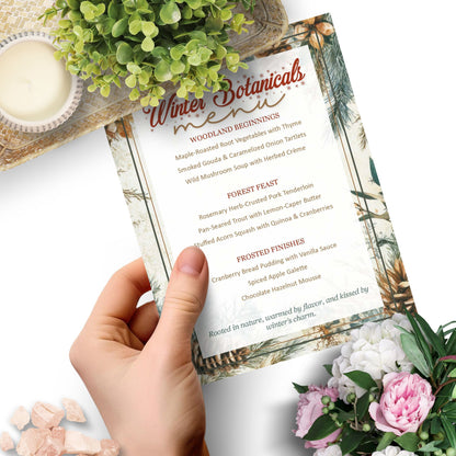 Hand holding a menu with winter botanicals theme, surrounded by flowers and a candle.