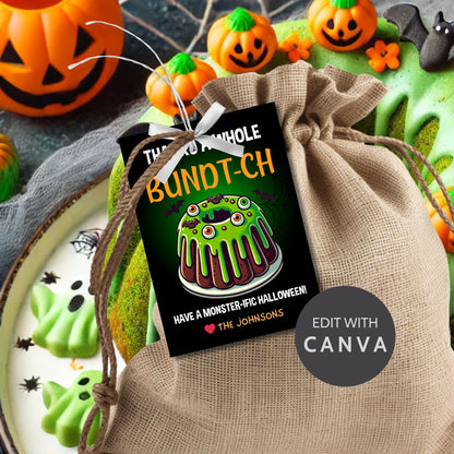 Halloween gift tag featuring a monster-themed bundt cake with green icing, creepy eyeballs, and the message 'Thanks a Whole Bundt-Ch. Have a Monster-ific Halloween!'