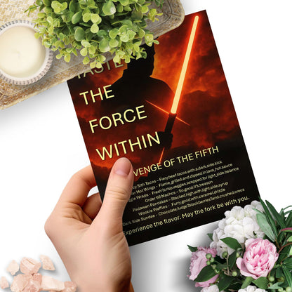 Editable Revenge of the Fifth menu template with Star Wars-themed food items like Spicy Sith Tacos and Jedi Veggie Wraps, perfect for chef promos and May 5th celebrations.