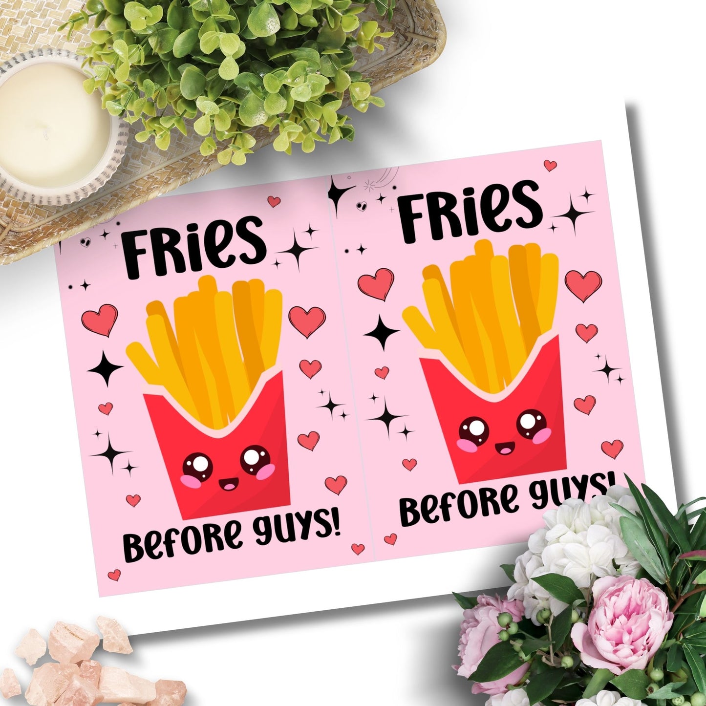 A stylish printable Galentine’s Day greeting card with a fun "Fries Before Guys" message, perfect for best friends, featuring a 5x7-inch design for instant download and printing.