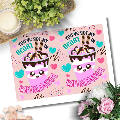 Printable Valentine’s Day card featuring the phrase “You’ve Got My Heart in Iskrambol” with a fun and colorful ice scramble design. Designed as a 5x7 PDF on an 8.5 x 11 sheet with two cards per page. A punny and heartfelt Valentine’s card for Filipino food lovers.