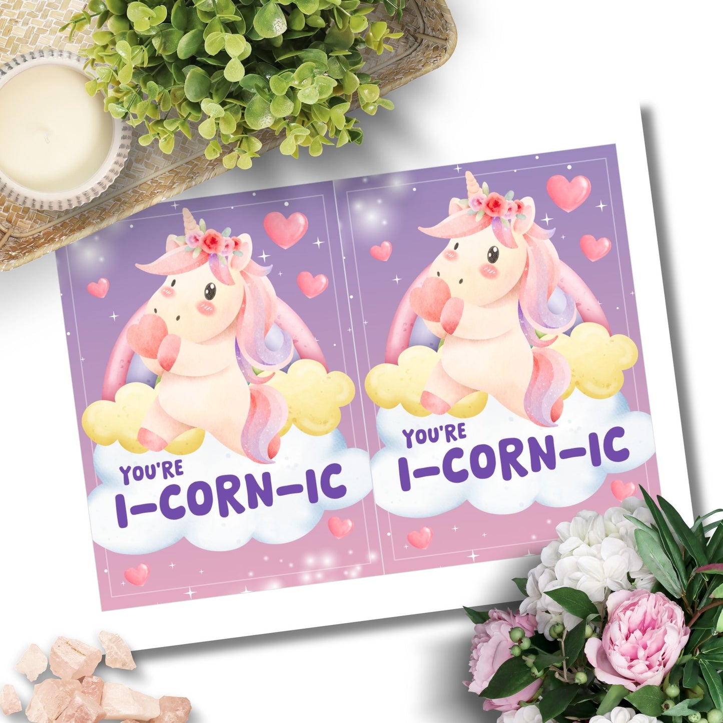 Printable Valentine’s Day Greeting Card featuring the unicorn-inspired pun “You're iCORNic.” Designed as a 5x7 PDF on an 8.5 x 11 sheet with two cards per page. A cute and whimsical Valentine’s card for unicorn lovers.