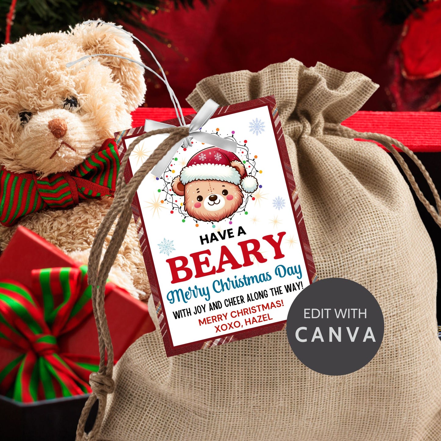 Cute bear-themed holiday gift tags featuring an adorable bear wearing a Santa hat and wrapped in Christmas lights, with the message 'Have a Beary Merry Christmas Day with joy and cheer along the way!' Perfect for personalized holiday gifts.