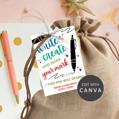 Festive pen-themed Christmas gift tags with the message 'Write, Create, and Make Your Mark - This Pen Will Spark!' Perfect for adding a creative touch to holiday gifts for teachers, students, and writers.