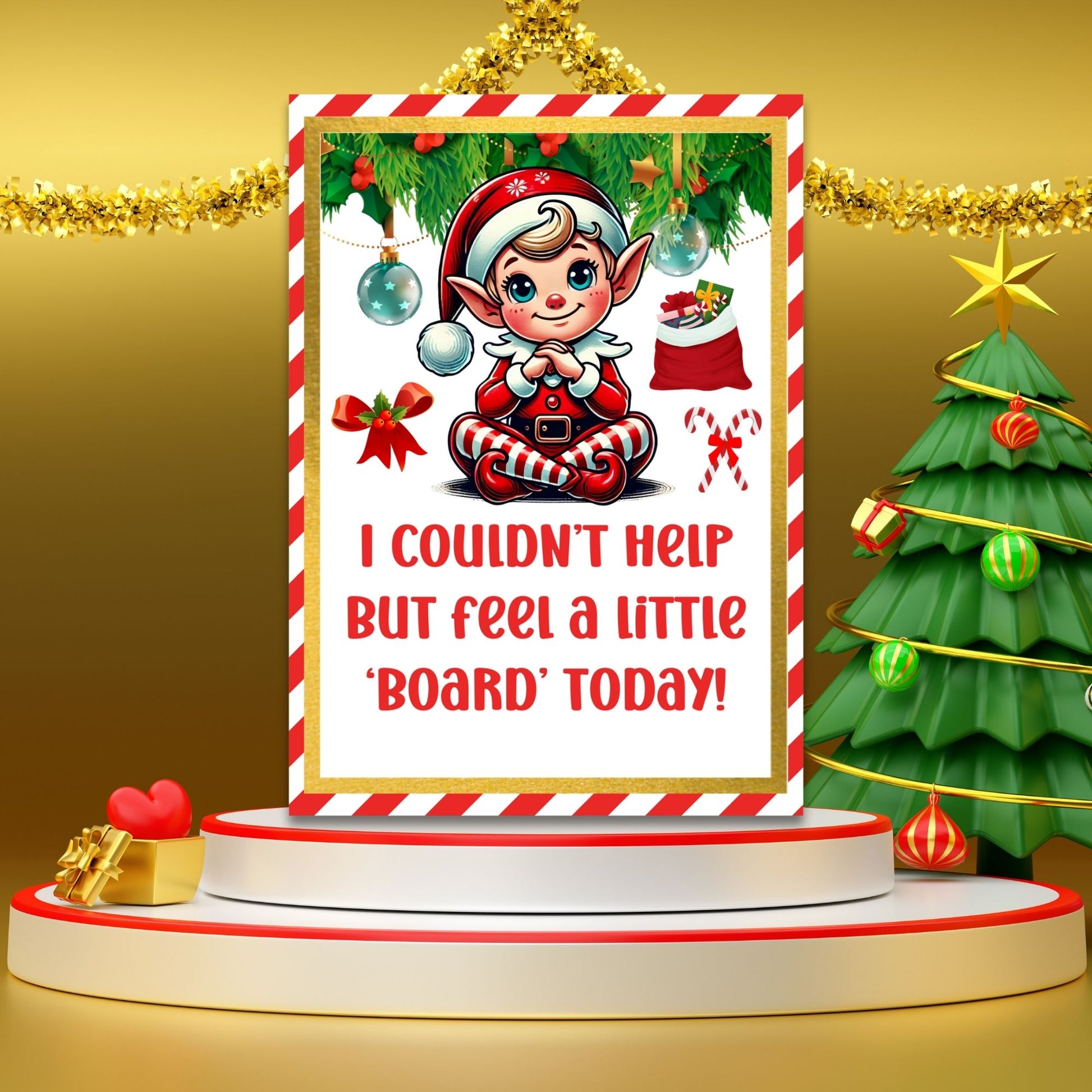 A collection of festive 5x7 printable Elf on the Shelf cards featuring a cute elf with creative sayings like "Be Careful, I Caught a Mouse Today!" and placement guides.