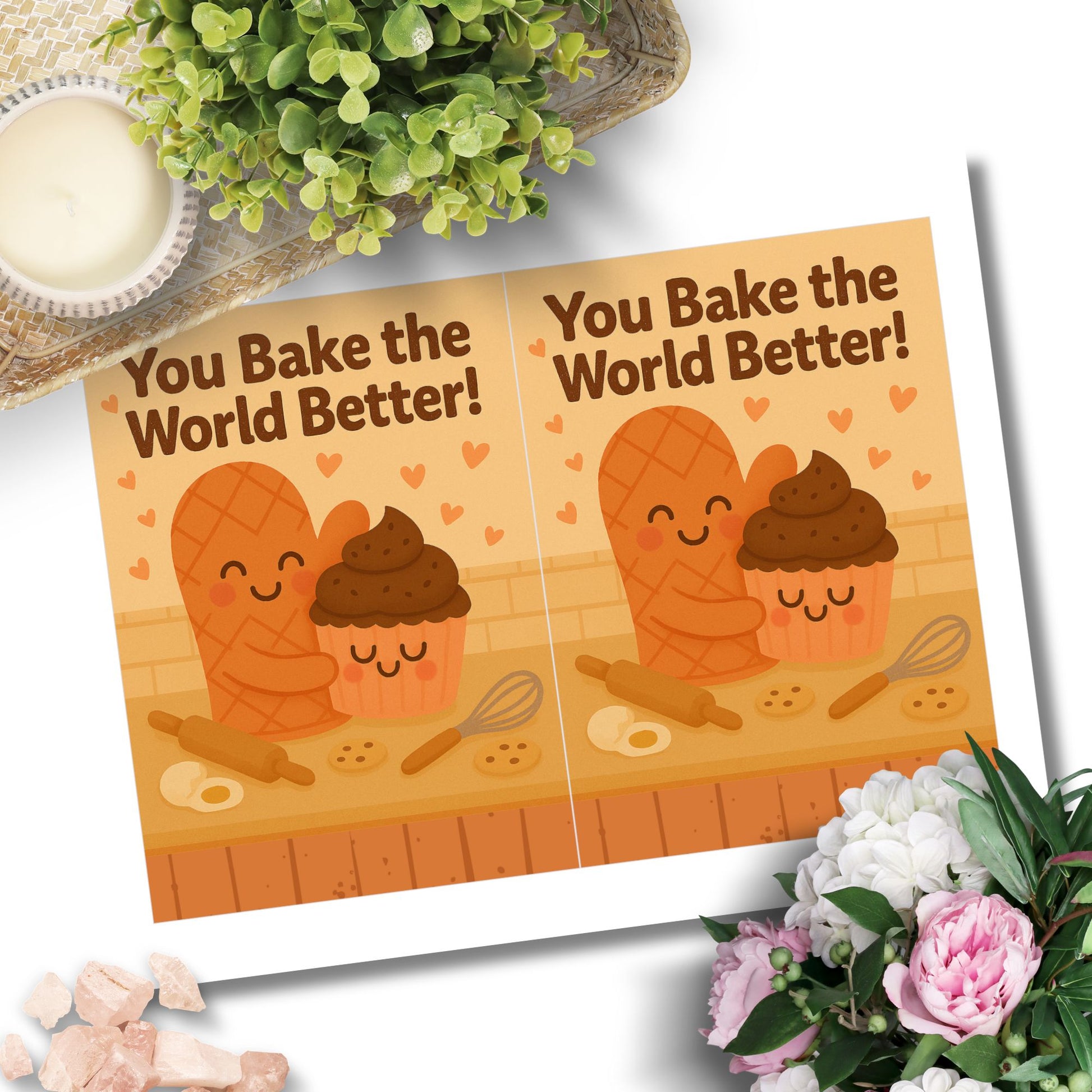 Printable 5x7 Mother's Day greeting card with a cute baking pun – "You Bake the World Better" featuring pastel illustrations and sweet treats, available as an instant download.