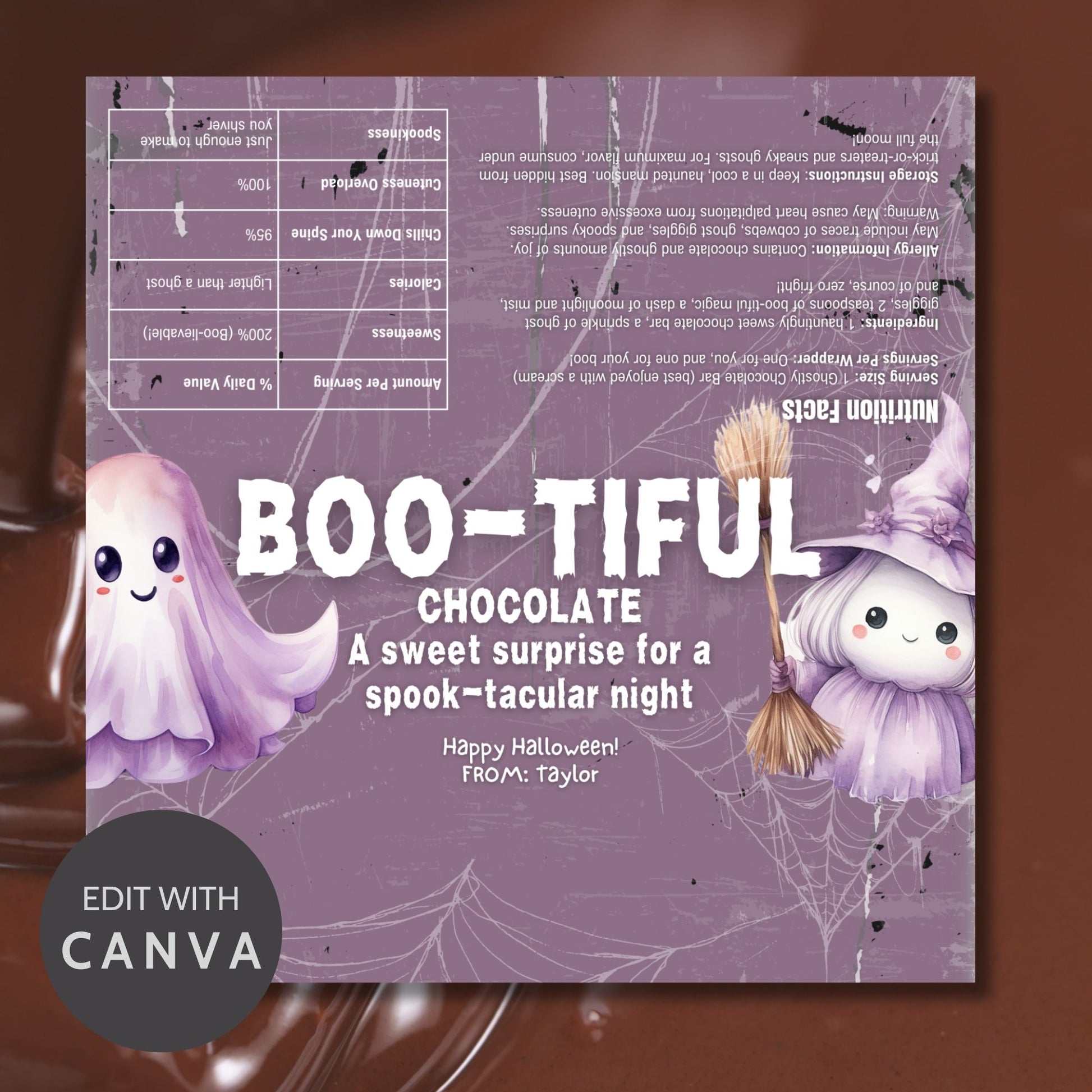 Printable and editable Boo/Ghost-themed Halloween chocolate bar wrapper featuring cute ghosts and witches, perfect for Halloween parties and treats.