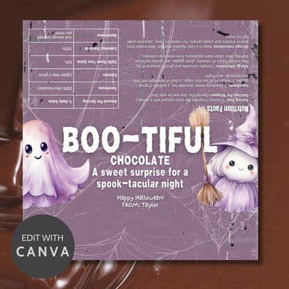 Printable and editable Boo/Ghost-themed Halloween chocolate bar wrapper featuring cute ghosts and witches, perfect for Halloween parties and treats.