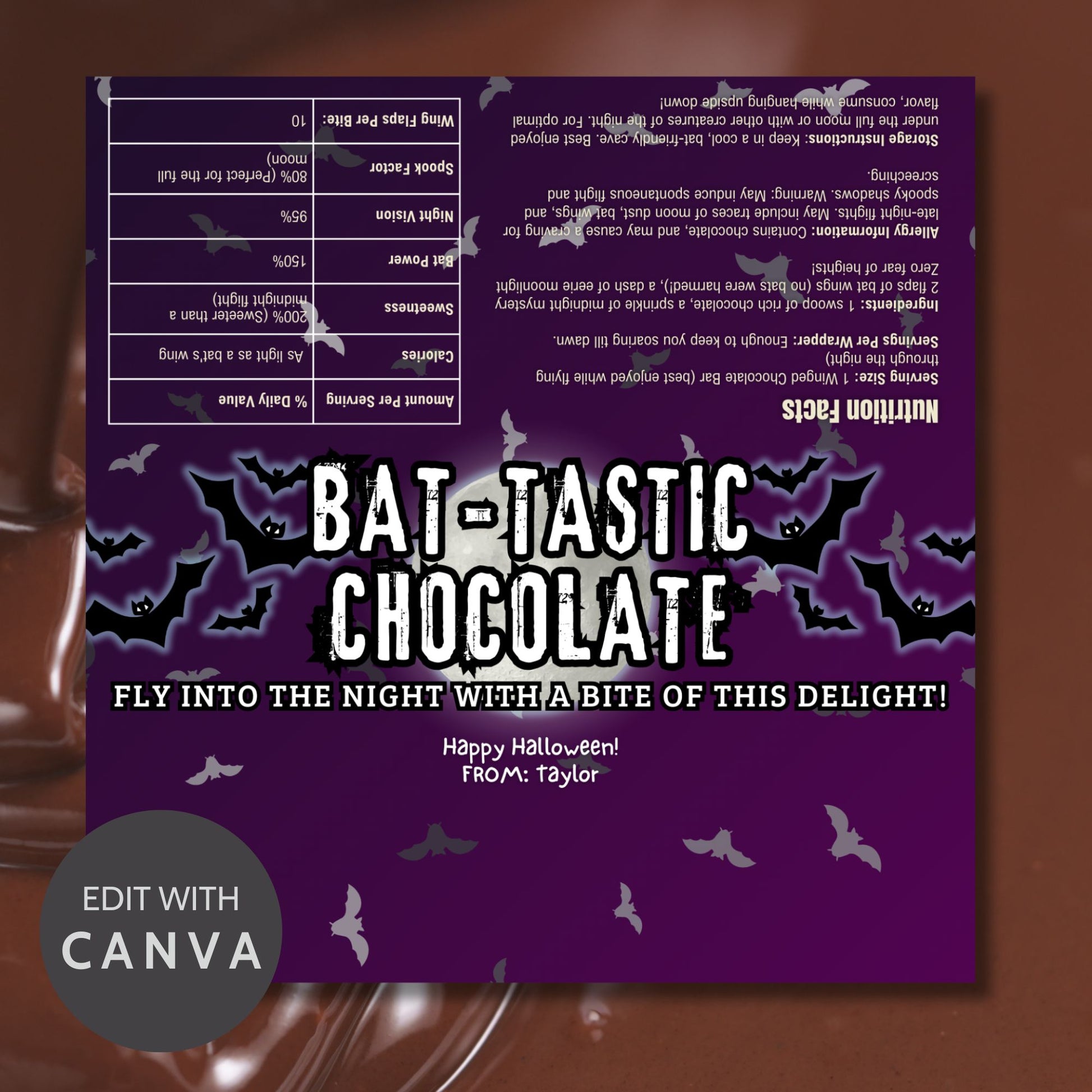 Printable and editable bat-themed Halloween chocolate bar wrapper featuring bats and a full moon, perfect for spooky treats and Halloween parties.