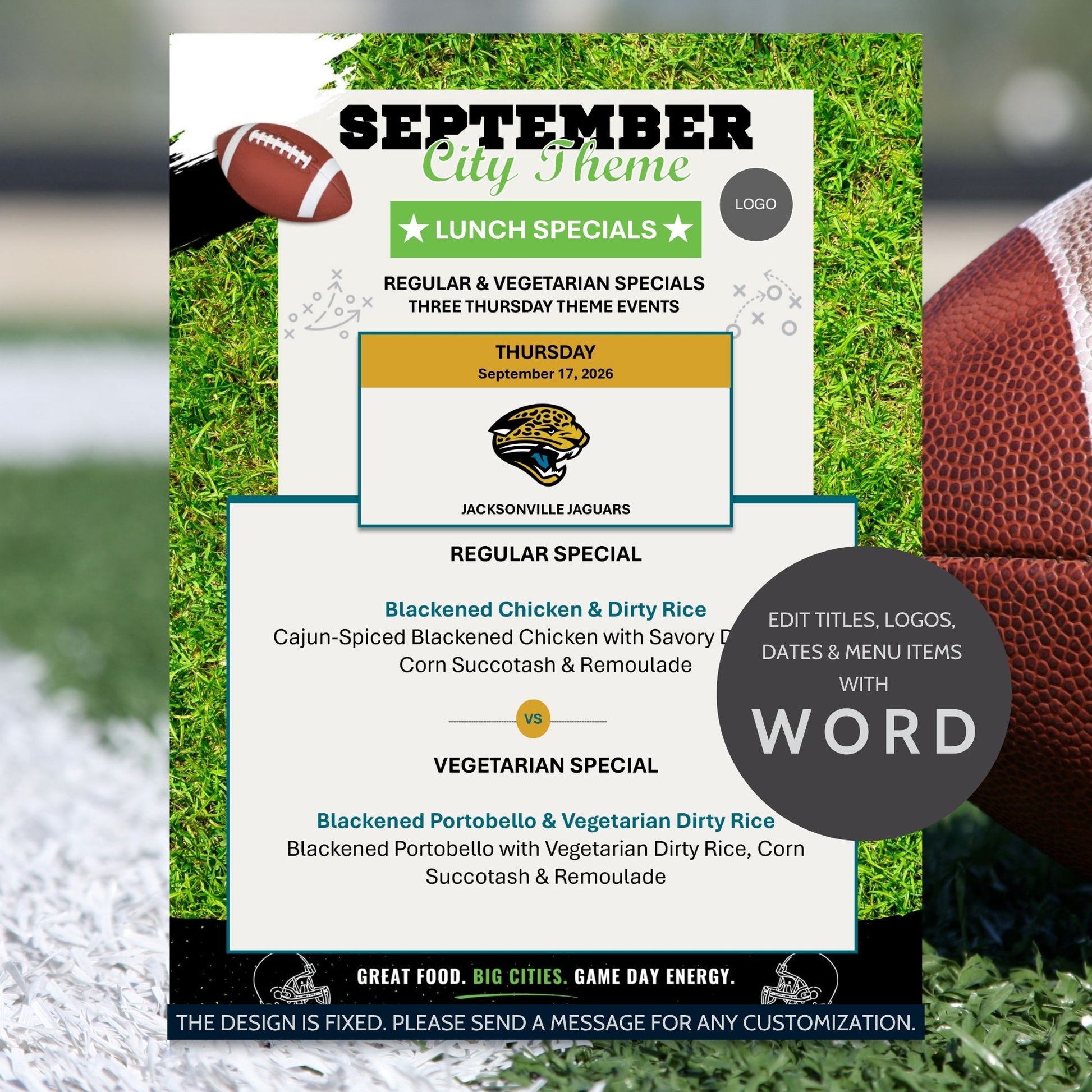 A football-themed restaurant menu card design mockup for a Jacksonville Jaguars event, featuring a green grass background, footballs on the sides, team logo, and menu items listed in text. A large circular badge says 'EDIT TITLES, LOGOS, DATES & MENU ITEMS WITH WORD'.