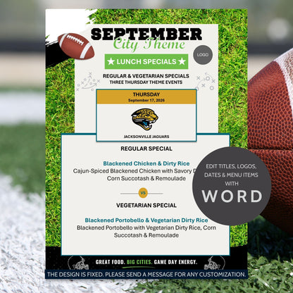 A football-themed restaurant menu card design mockup for a Jacksonville Jaguars event, featuring a green grass background, footballs on the sides, team logo, and menu items listed in text. A large circular badge says 'EDIT TITLES, LOGOS, DATES & MENU ITEMS WITH WORD'.
