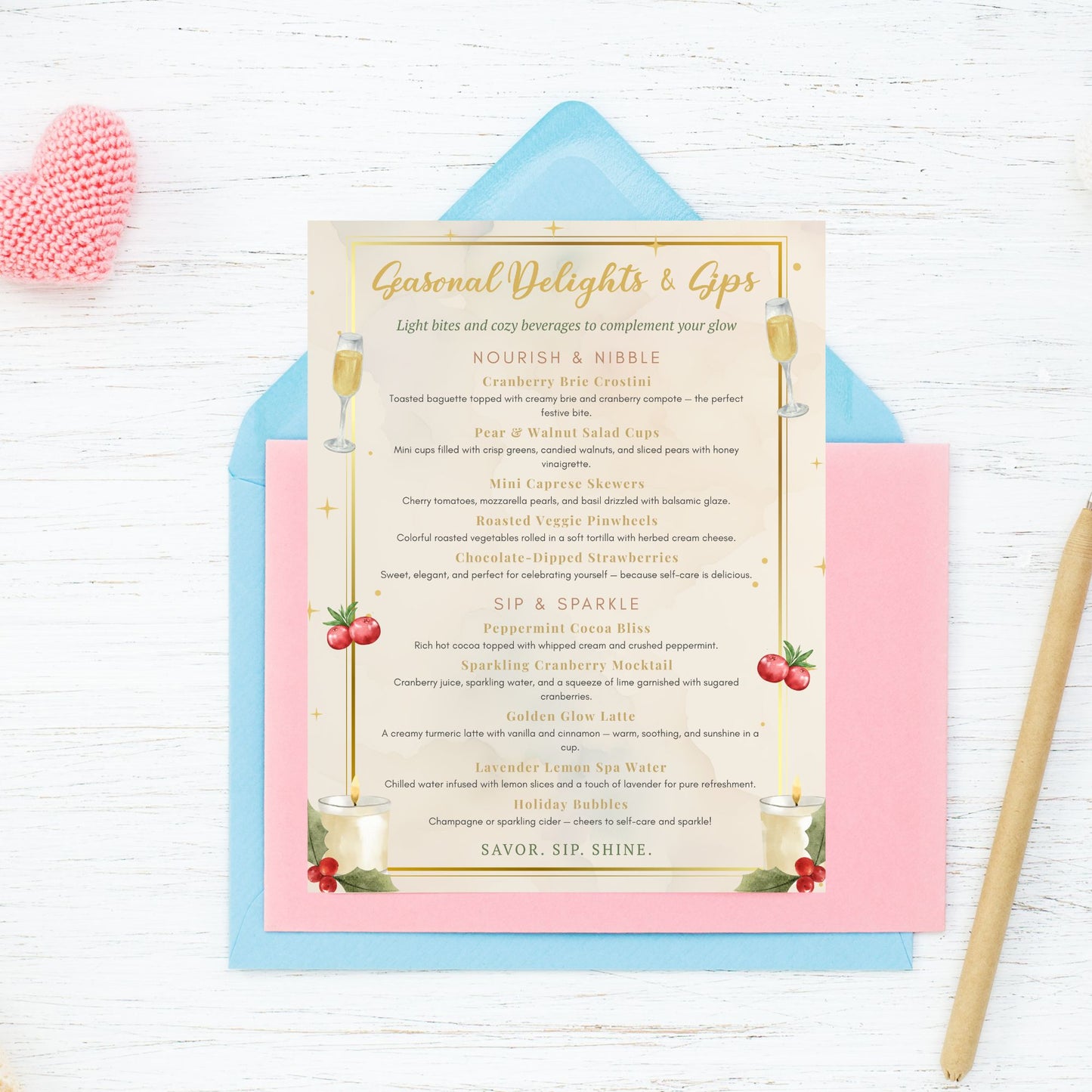 Elegant editable spa food and drink menu template – “Seasonal Delights & Sips” featuring holiday-inspired refreshments and cozy spa treats, designed to match the Glow into the Holidays collection by Given Crafted Wonders.