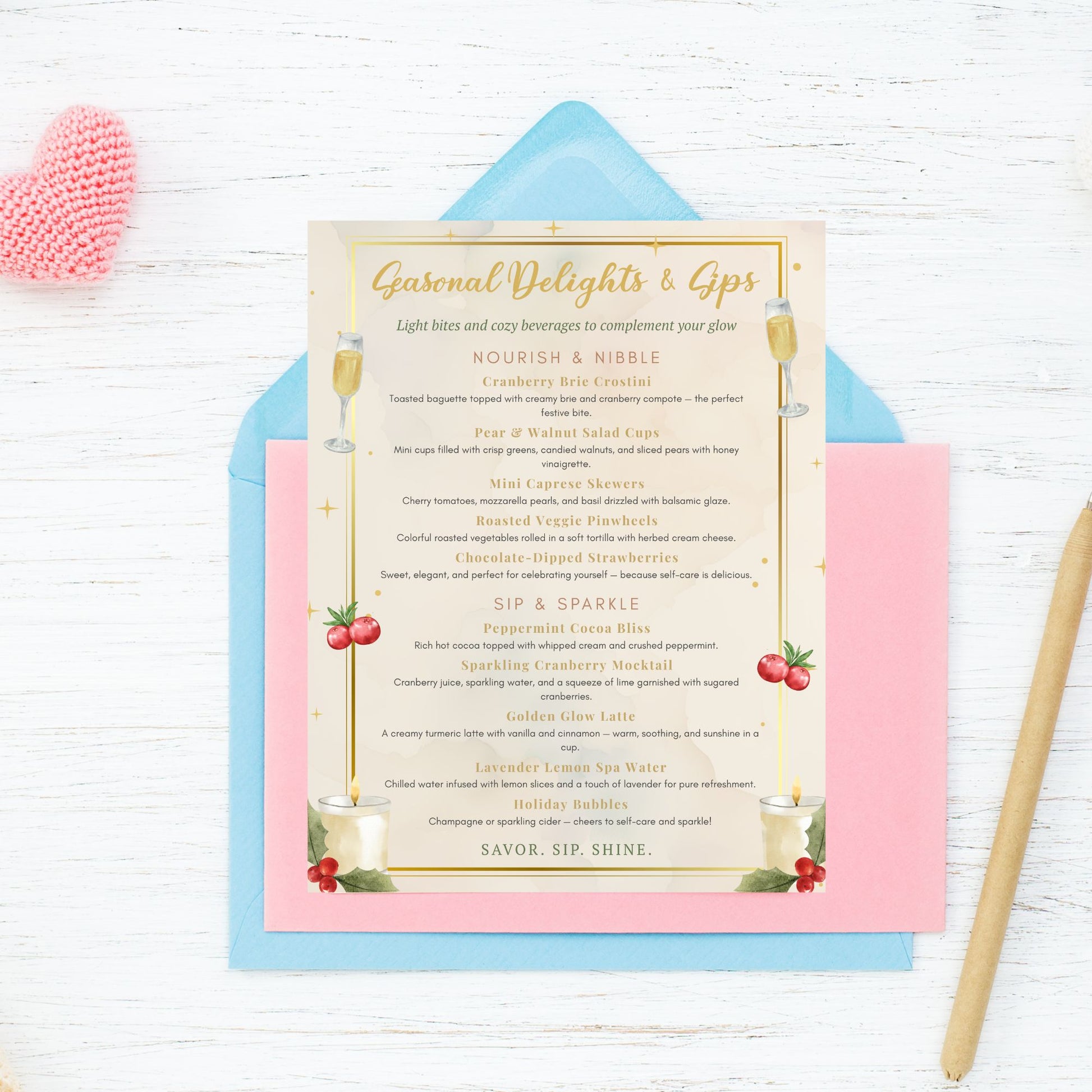 Elegant editable spa food and drink menu template – “Seasonal Delights & Sips” featuring holiday-inspired refreshments and cozy spa treats, designed to match the Glow into the Holidays collection by Given Crafted Wonders.