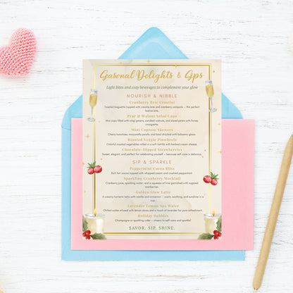 Elegant editable spa food and drink menu template – “Seasonal Delights & Sips” featuring holiday-inspired refreshments and cozy spa treats, designed to match the Glow into the Holidays collection by Given Crafted Wonders.