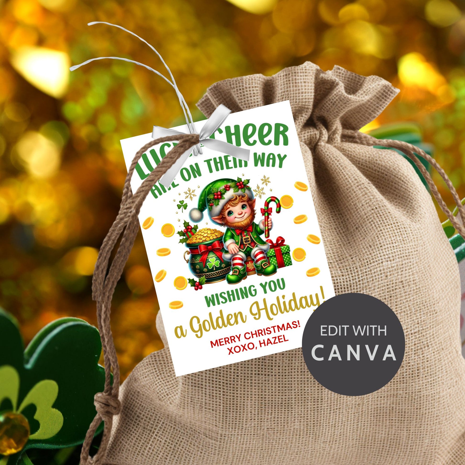 Festive leprechaun-themed holiday gift tags featuring a cheerful elf in a green outfit, surrounded by golden coins, presents, and candy canes. The tag reads 'Luck and Cheer are on Their Way - Wishing You a Golden Holiday!'