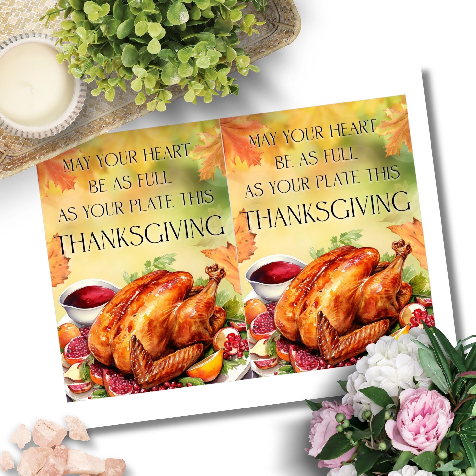 Printable Thanksgiving Greeting Card with the message 'May Your Heart Be as Full as Your Plate This Thanksgiving,' featuring festive fall designs.