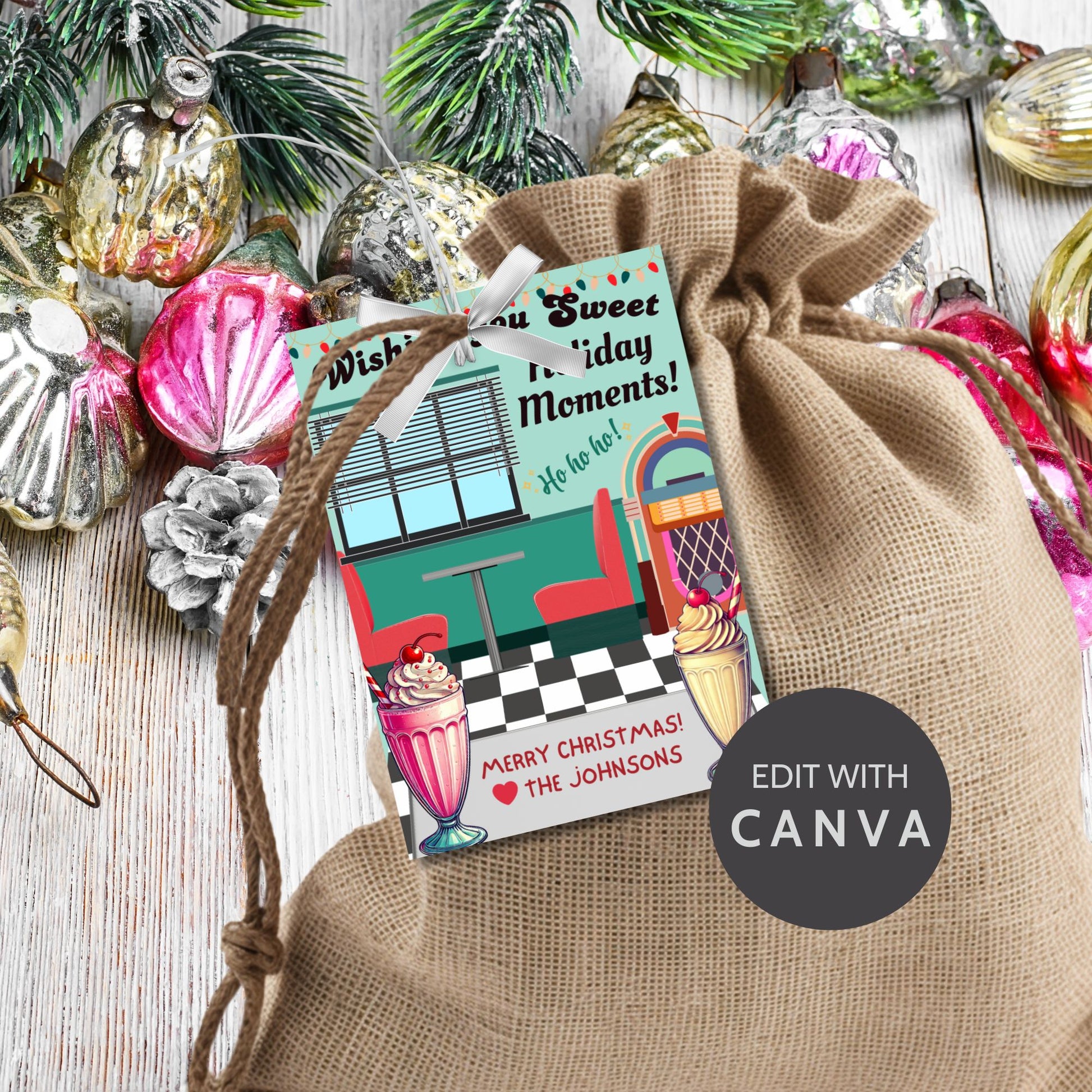 Retro-inspired Christmas gift tags featuring a 1950s diner scene with a jukebox, booths, and milkshakes, paired with the message "Wishing You Sweet Holiday Moments!" These printable and editable tags add a nostalgic touch to holiday gifting.