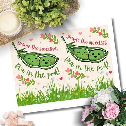 Printable Valentine’s Day Greeting Card featuring the phrase “You’re the Sweetest Pea in the Pod” with a cute pea pod design. Designed as a 5x7 PDF on an 8.5 x 11 sheet with two cards per page. A sweet and punny Valentine’s card for loved ones.