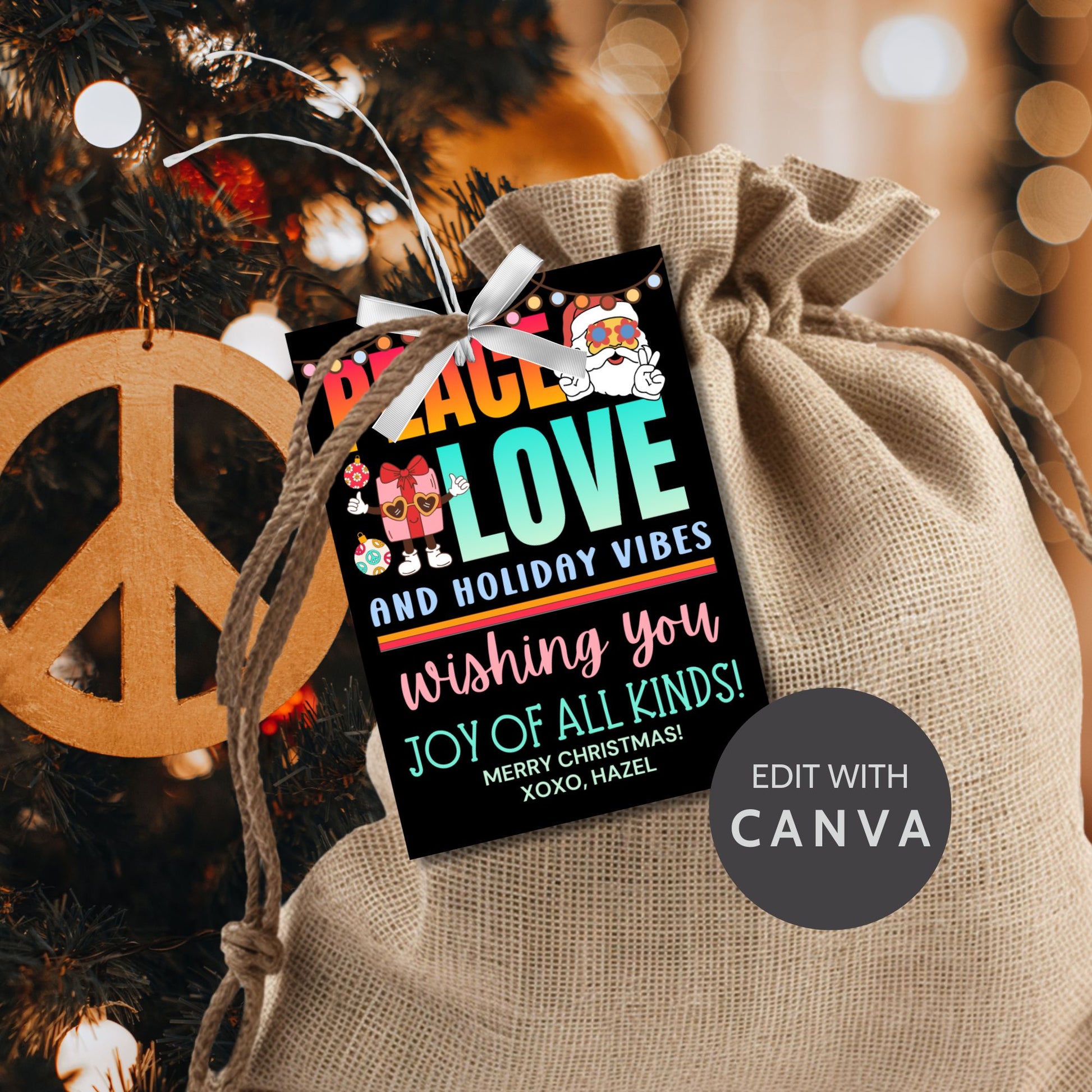 Colorful hippie-themed holiday gift tags with bold retro fonts, peace and love design elements, and Santa Claus in groovy style.