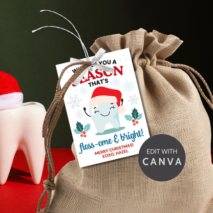 A set of 8 printable and editable holiday gift tags with the message 'Wishing You a Season That's Floss-ome & Bright!' featuring a cheerful tooth character wearing a Santa hat, surrounded by snowflakes, holly, and festive decorations. Perfect for dentists, dental office staff, and dental-themed holiday gifts.