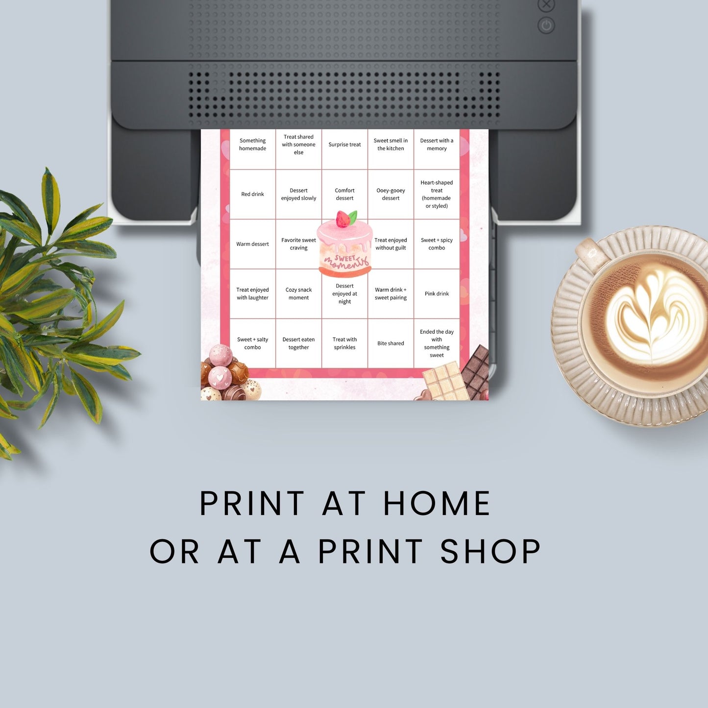 Sweet Love Bingo printable featuring five dessert-themed bingo pages for self-care, family fun, coffee and dessert moments, and cozy nights, designed in pink tones on 8.5x11 pages.