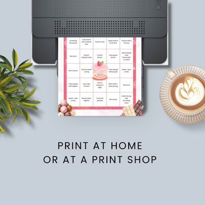 Sweet Love Bingo printable featuring five dessert-themed bingo pages for self-care, family fun, coffee and dessert moments, and cozy nights, designed in pink tones on 8.5x11 pages.