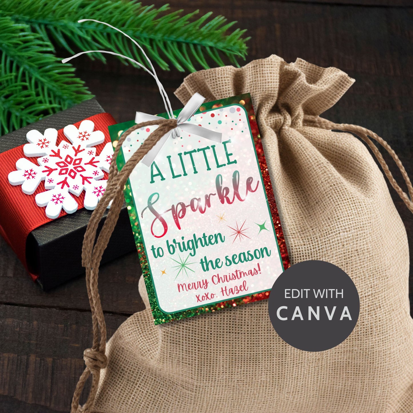 Christmas gift tags featuring the message "A Little Sparkle to Brighten the Season" with festive glitter effects, perfect for jewelry gifts like necklaces, earrings, and rings. These printable and editable tags add an elegant, festive touch to holiday gifts.