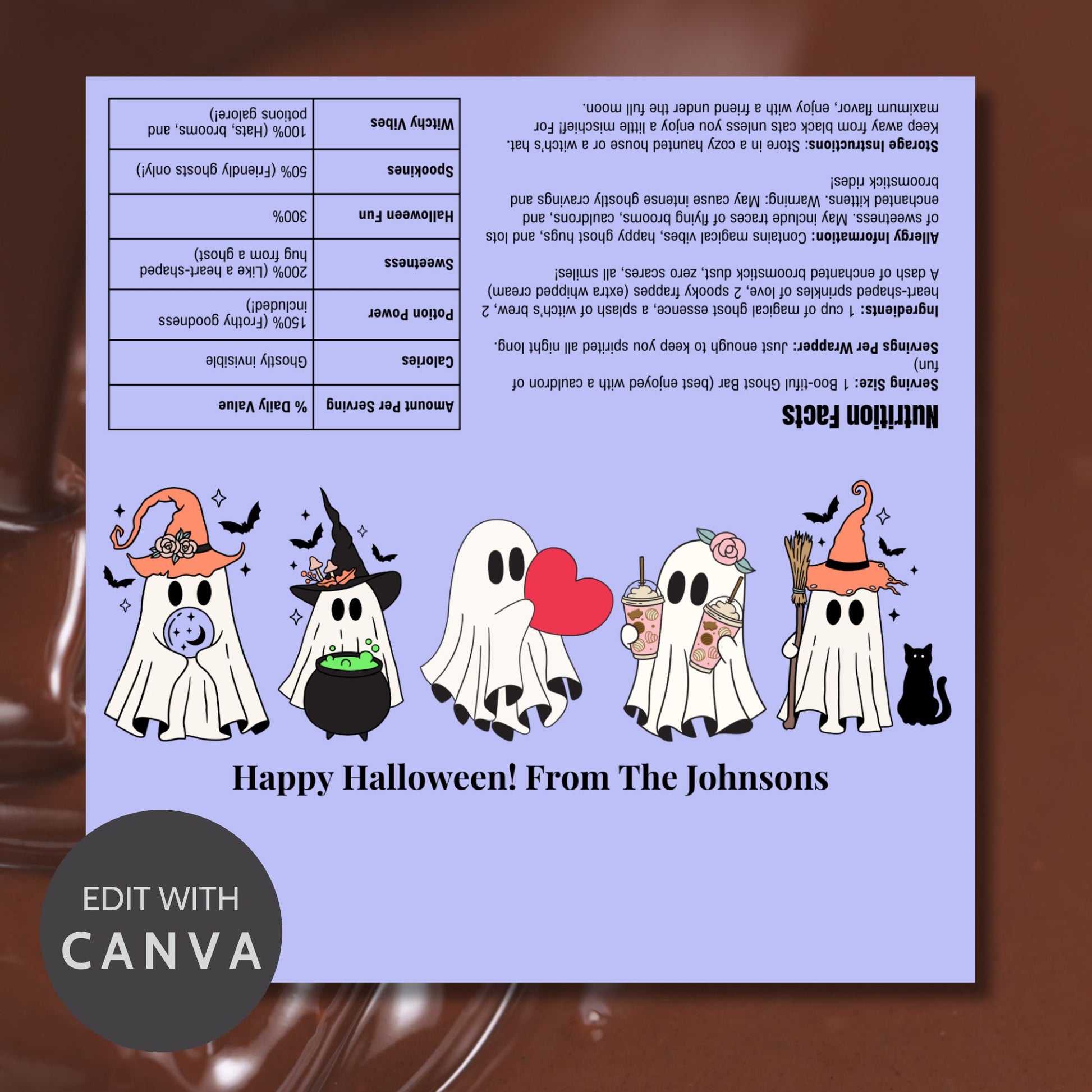 Printable and editable pastel purple Halloween chocolate bar wrapper featuring adorable ghosts, witch hats, and spooky Halloween vibes, perfect for trick-or-treat and party favors.