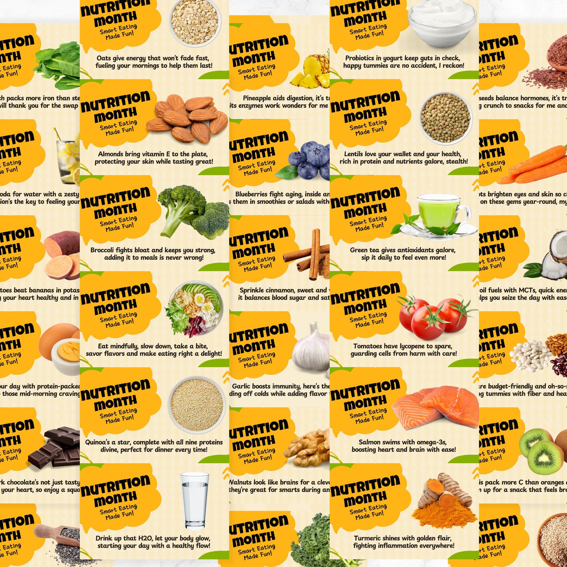 A collection of 60 vibrant Nutrition Month digital display images in a 16:9 widescreen format. Perfect for schools, hospitals, cafeterias, wellness programs, and social media marketing. High-quality PNGs with engaging, fun designs for promoting healthy eating and wellness.