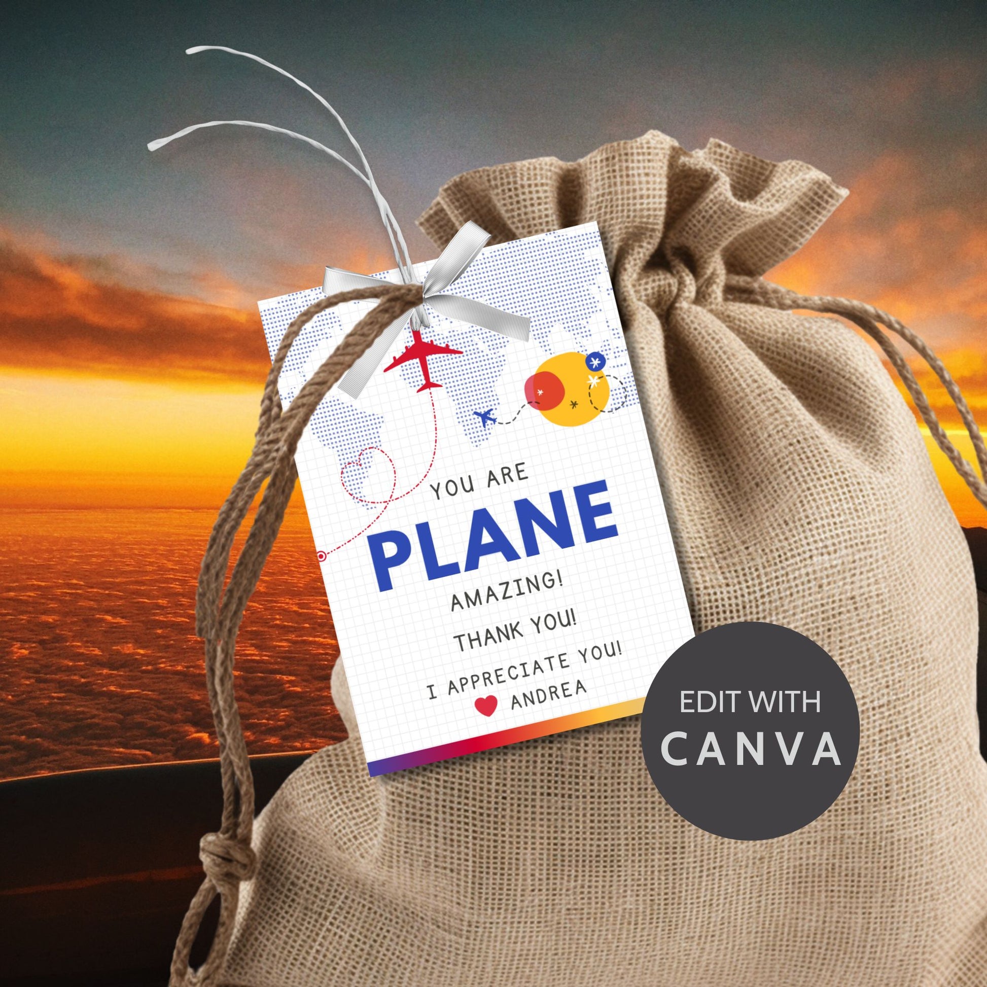 Printable aviation thank you gift tags with bright red, blue, and sunset tones, designed for fun and cheerful flight crew appreciation gifts.