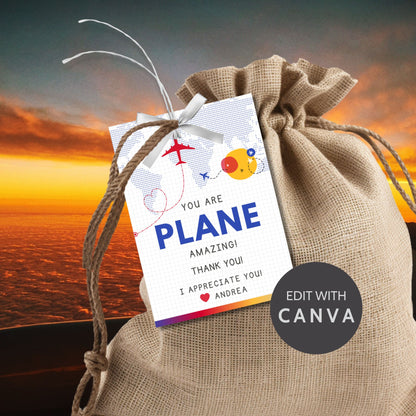 Printable aviation thank you gift tags with bright red, blue, and sunset tones, designed for fun and cheerful flight crew appreciation gifts.