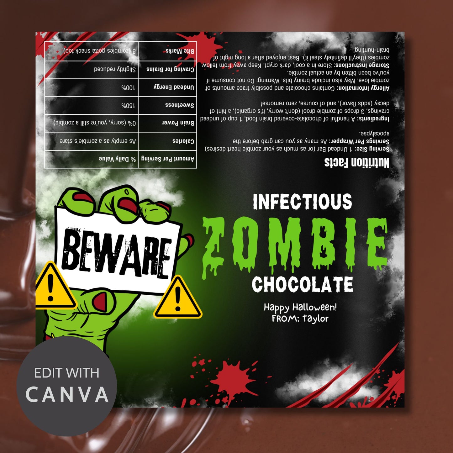 Printable and editable Zombie Halloween chocolate bar wrappers featuring spooky zombie hands and gory design, perfect for Halloween treats and parties.