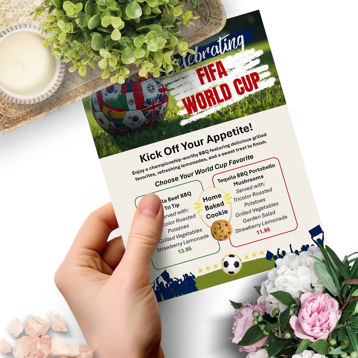 Editable FIFA World Cup-inspired menu template featuring soccer ball graphics, sports-themed design, customizable food menu, printable 8.5x11 Word document for watch parties and events.
