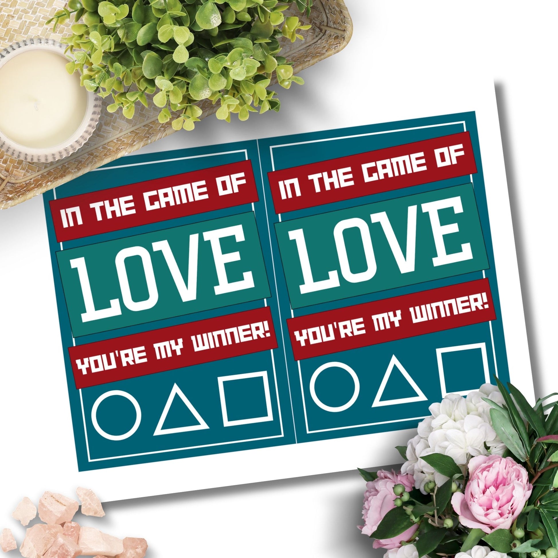 A Squid Game-inspired printable Valentine's Day card featuring bold graphics and a playful love message. Perfect for fans of the show who want a fun and unique Valentine’s card.