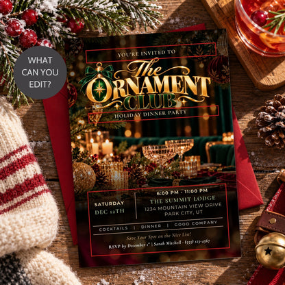 A festive Christmas-themed party invitation card for 'The Ornament Club' displayed on a rustic wooden table with holiday decorations including pine branches, red berries, a knitted sweater, and a glass of red drink.