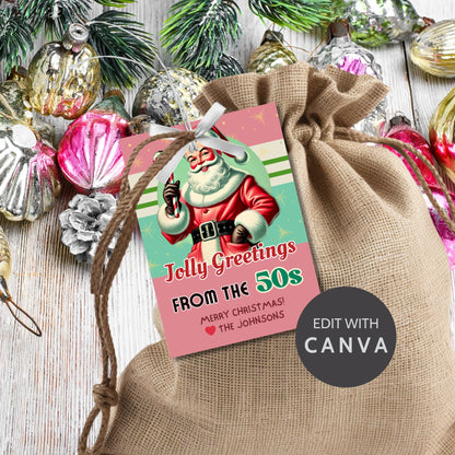 Retro-inspired Christmas gift tags featuring a vintage Santa holding a candy cane, with the text "Jolly Greetings from the 50s." These printable and editable tags evoke a nostalgic holiday vibe, perfect for adding a classic touch to Christmas gifts.