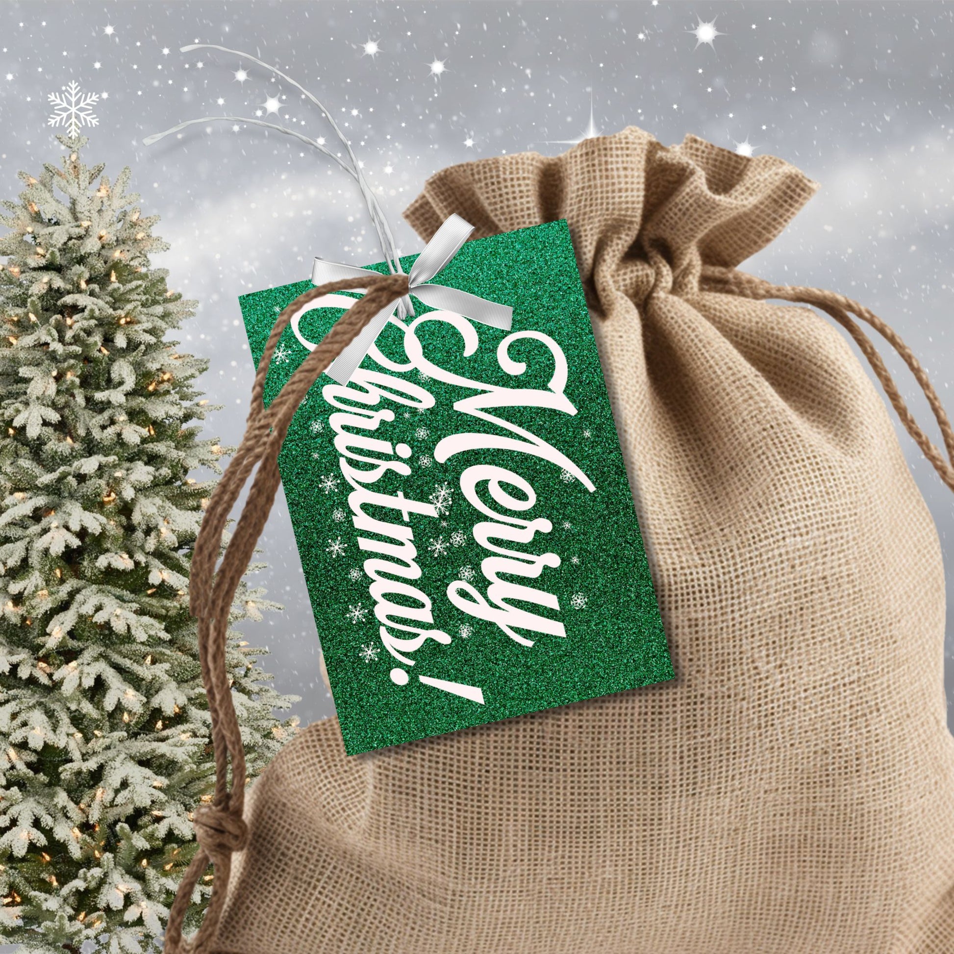 A set of green and white Christmas gift tags featuring "Merry Christmas!" in elegant white script on a glittering green background adorned with snowflake accents. Perfect for festive gift wrapping.