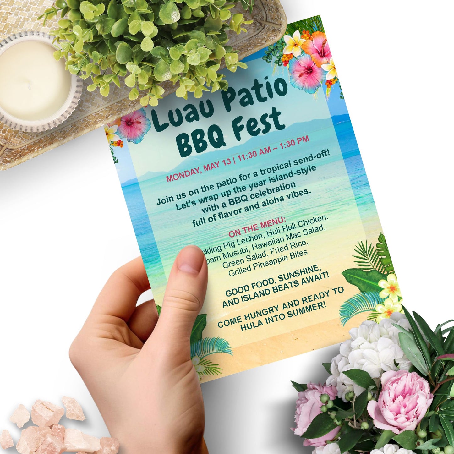 Editable Luau BBQ Fest flyer featuring a tropical beach background, vibrant florals, and customizable text for summer-themed events, school parties, or corporate cookouts.