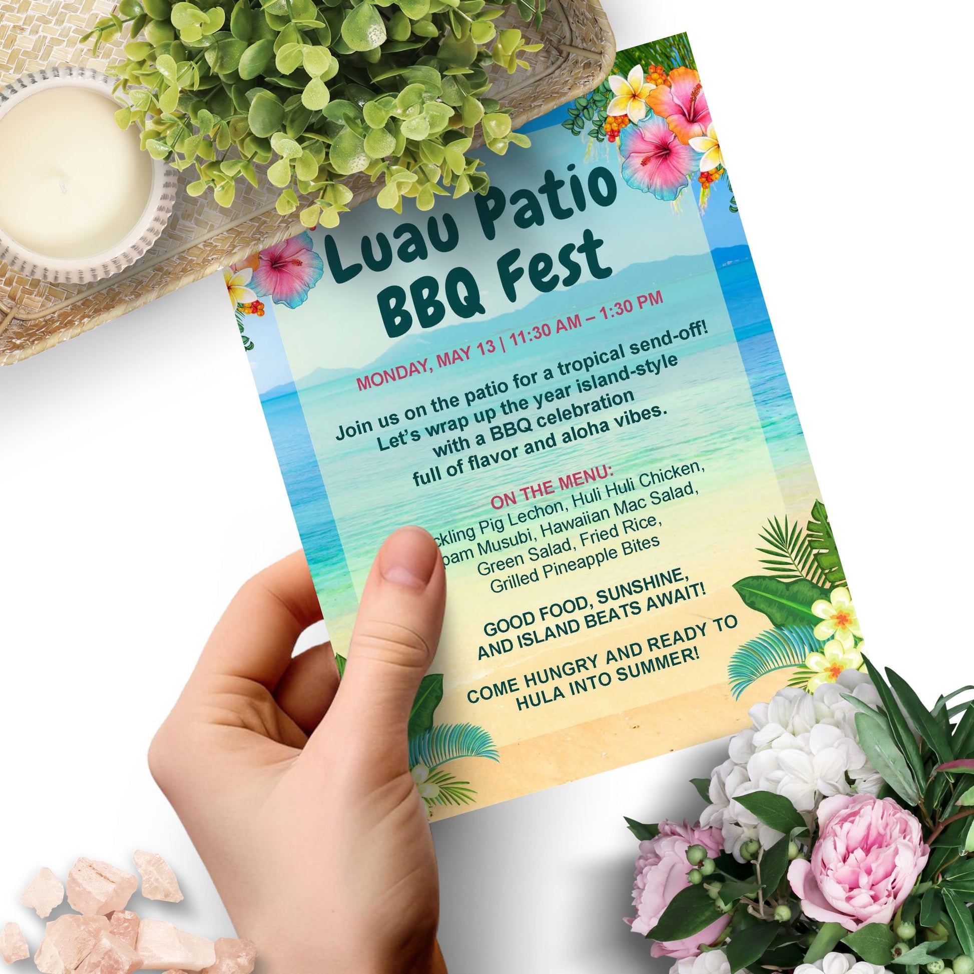 Editable Luau BBQ Fest flyer featuring a tropical beach background, vibrant florals, and customizable text for summer-themed events, school parties, or corporate cookouts.