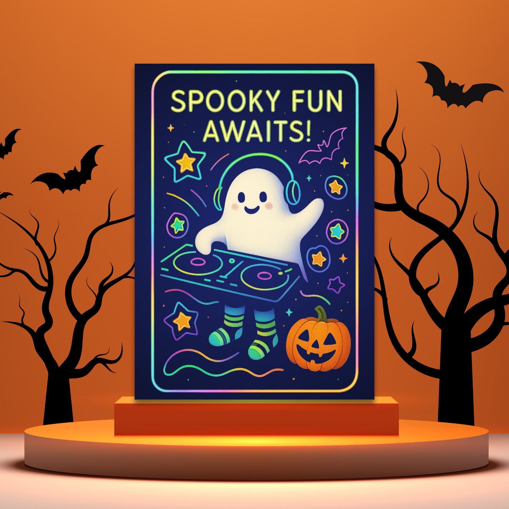 Halloween-themed poster with a ghost DJ, pumpkins, and bats on an orange background.