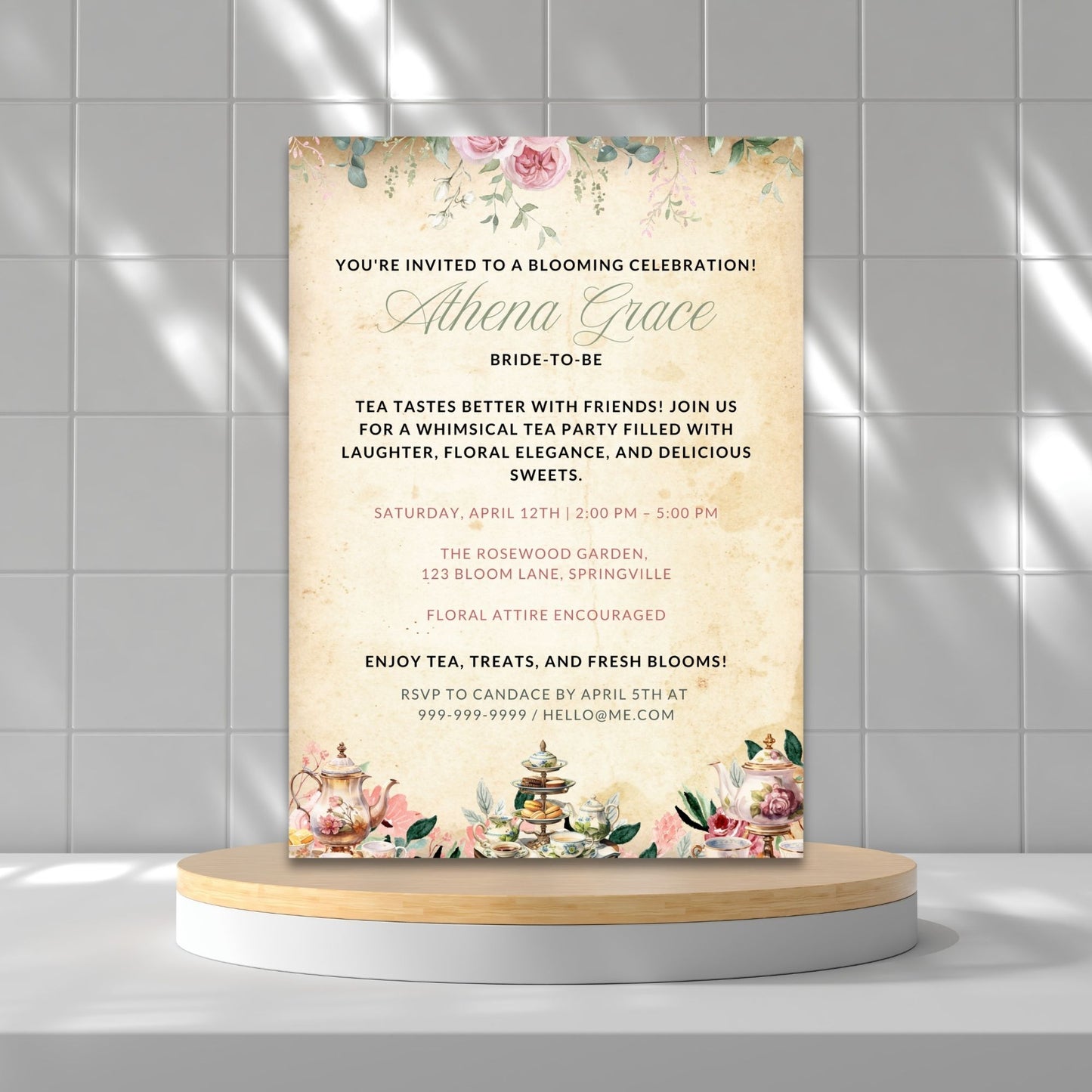 A vintage-inspired botanical tea party invitation featuring a floral watercolor design, antique parchment background, and elegant typography. Double-sided, fixed design with editable text in Canva, ideal for tea parties, bridal showers, and birthdays.