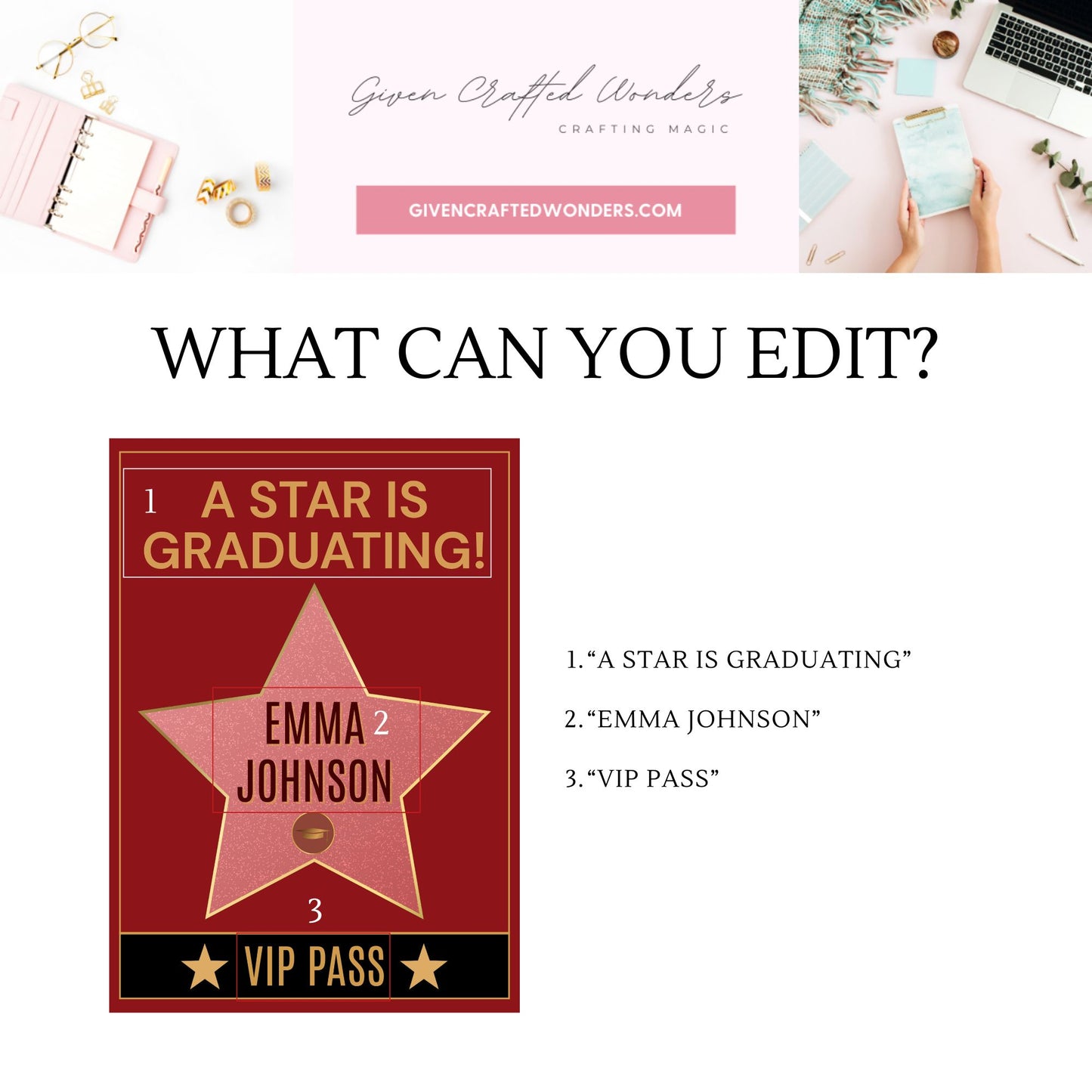 Double-sided Hollywood Walk of Fame-themed graduation invitation with red and gold star design on front and movie ticket-style layout on back. Canva editable 5x7 template.